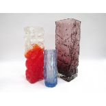 Three moulded bark vases in amethyst, red and clear and blue glass. Tallest 30cm.