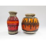 Two West German fat lava vases, red, orange and brown lava glazes.