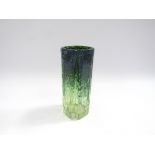 An art glass squared cross form vase, green and mottled blue with bubble detail, encased in clear.