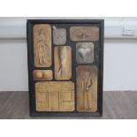 20th Century British School: Trompe-l'oeil figurative work in panels. Oil on canvas.