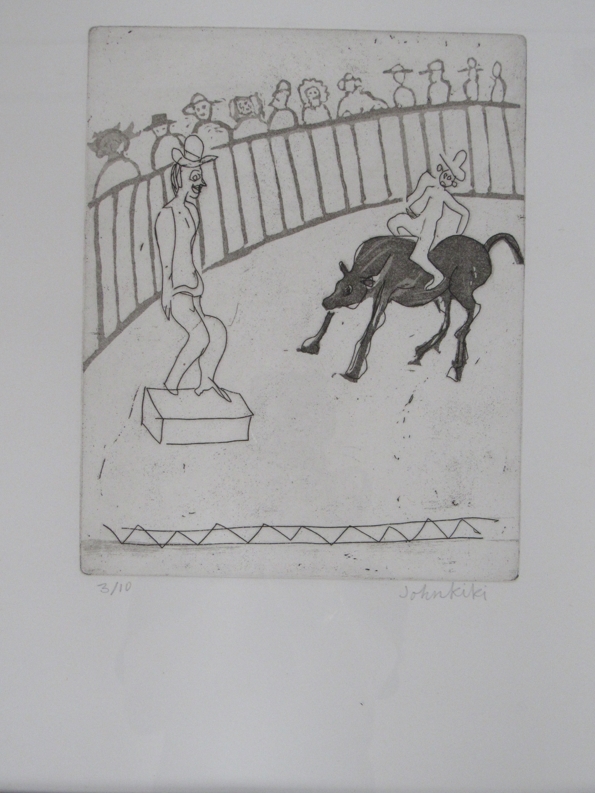 JOHN KIKI (b.1943): A framed and glazed etching untitled circus series scene, pencil signed and No. - Image 3 of 3