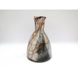 Studio cased glass vase. White opaque interior with orange and claret ribboned abstract design.