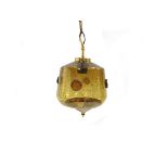 An Eric Hoglund designed ceiling pendant light with dark amber glass with bubble and speck