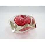 A Murano Sommerso bowl with facetted sides, cranberry glass encased in clear. 8.