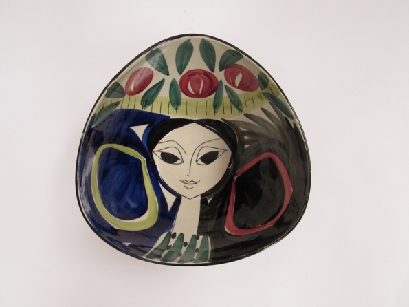 A Stavangerflint Pottery of Norway large art pottery bowl with girls face, designed by Inger Waage.