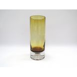 Amber cylindrical vase with thick clear base with a single large hollow bubble