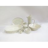 A collection of Purpeck Pottery coffee wares and dishes and an ovenware dish