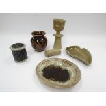 A collection of studio pottery to include early Chris Carter vase with tenmoku and wax resist leaf