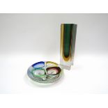 A Murano Sommerso square stem vase, green and yellow encased in clear (21.