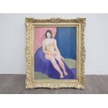 An oil on board depicting female nude. Unsigned work, set in a gilded and white ornate frame.