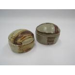 Two studio popttery lidded pots with geometric ash glaze brushwork. Impressed seal to one.