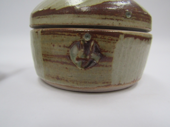 Two studio popttery lidded pots with geometric ash glaze brushwork. Impressed seal to one. - Image 2 of 2