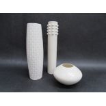 Three Hornsea pottery white vases, designed by John Clappison in the 1960s,