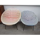 Two 1960's plastic weave bedroom chairs in pink and white and blue and white,