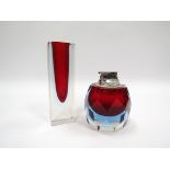 A Murano Sommerso lighter with facetted sides, ruby encased in blue, 10cm higjh,