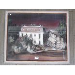 A framed and glazed pastel drawing of house entitled "Fischers Beach" signed bottom right and dated