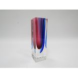 A Murano Sommerso squared vase, cranberry half covered in blue, encased in clear glass. 15.