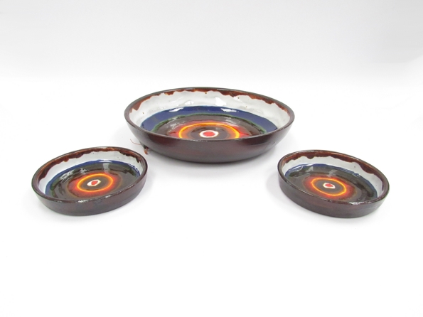 Three circular mid Century ceramic wall hangings with abstract design, one large and one small, - Image 2 of 2