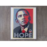 A framed and glazed Shepard Fairey "Hope" print of Barack Obama.