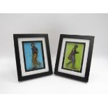 A pair of Julian Opie lenticular cards of a man and woman, framed and glazed.