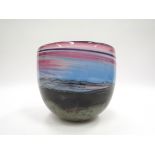 ANTHONY STERN (b.1944): A Studio glass bowl with "moonscape" and bands of blue, pink and amethyst.