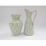 Two West German vases, green ground with white crackle lava over glaze.