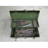 A box of mixed spanners etc including Crossley,