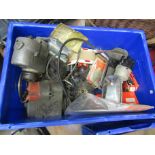 A box of mixed spares including two Lucas magnetos,