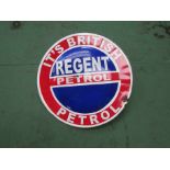 An over painted circular enamelled sign "It's British Petrol" Regent petrol 60cm diameter