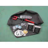 A RAC GB badge, speakers, steering wheel lock, Rover 2000 wheel cover,