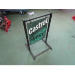 A double sided hand painted Castrol swing sign with stand,
