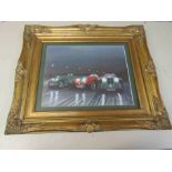 A gilt framed coloured print entitled "A Close Race" depicting 1939 Bentley Speed Six,