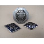 Two enamelled Riley badges and a chromed and enamelled MG badge.