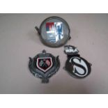 Three car badges A/F including a chromed and enamelled ship