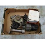 A box containing a six cylinder distributor and vintage wiper motor etc