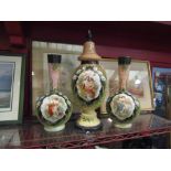 A garniture of three Victorian hand painted glass vases