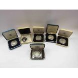 Three cased silver proof 80th Birthday commemorative crowns for Queen Elizabeth, the Queen Mother,
