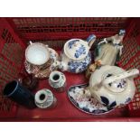 A box of miscellaneous ceramics including Royal Crown Derby cup and saucer and Goebel Hummel