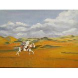 A painting of an Arabian horseman in desert,