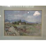 A watercolour of cottages on a hillside road, framed and glazed,