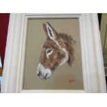RYAN: Oil on board depicting a donkey, in white painted frame,