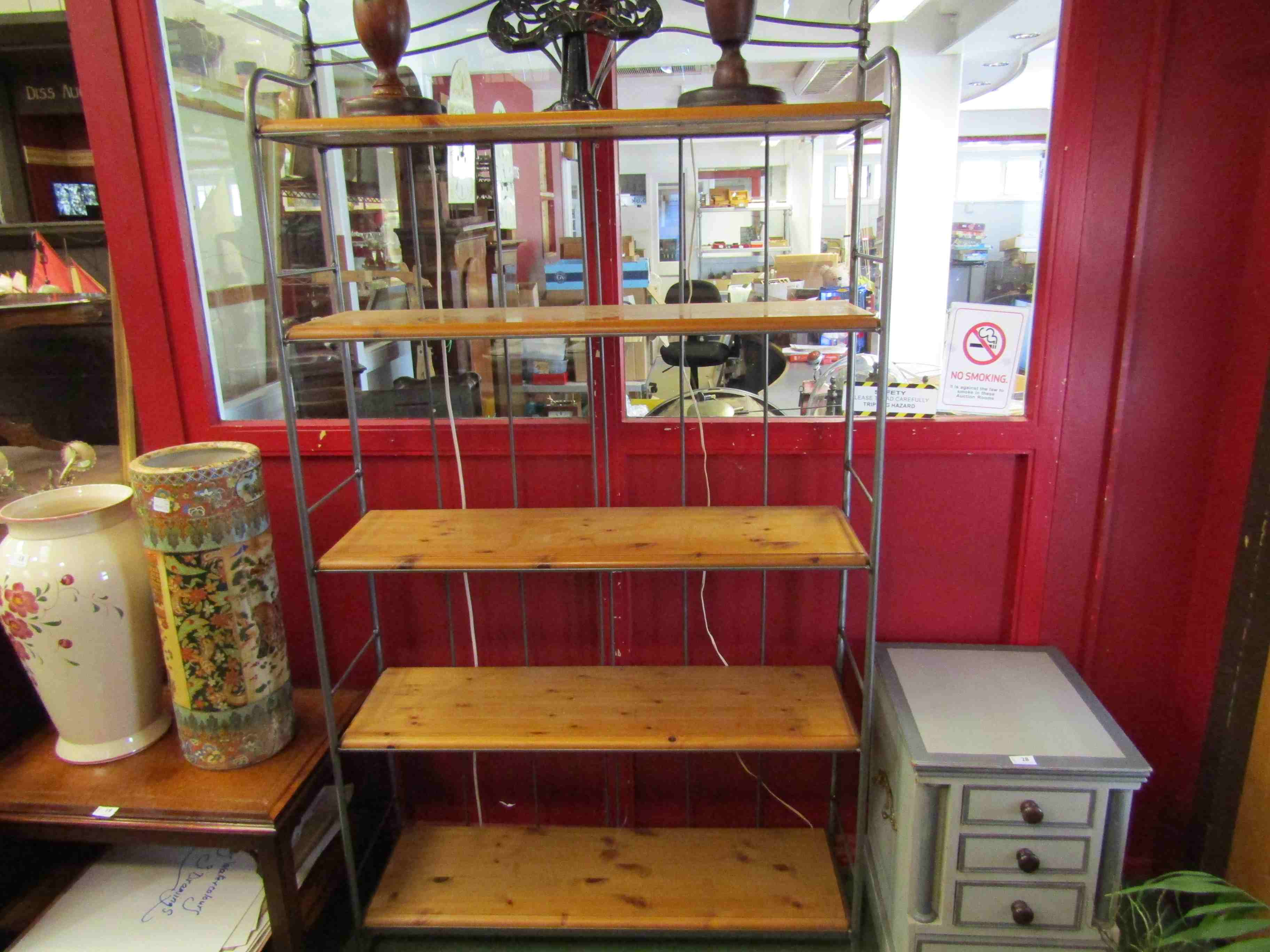 A 'Ducal' metal and pine bakers shelf,