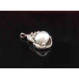 A white gold diamond pendant centrally set with large natural pale grey pearl, 3cm drop,