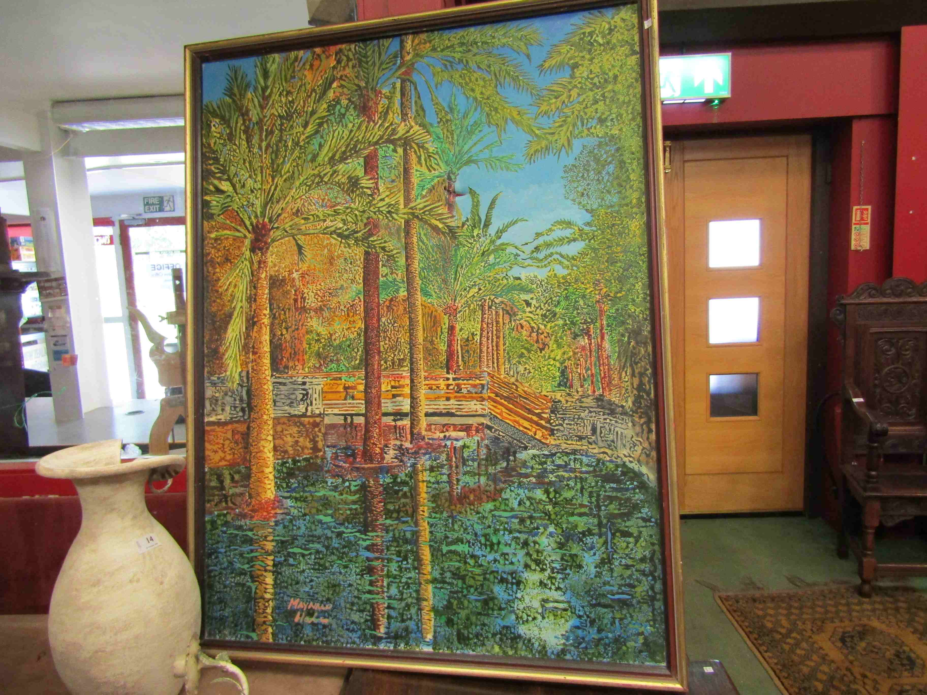 Maynard Hale? framed acrylic on canvas depicting palm trees and bridged waterway, tear to canvas,