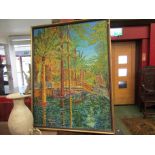 Maynard Hale? framed acrylic on canvas depicting palm trees and bridged waterway, tear to canvas,