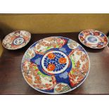 A Japanese Imari charger and two smaller dishes (3)
