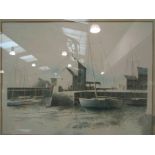 A limited edition framed print of boats in harbour, 42/250, signed,