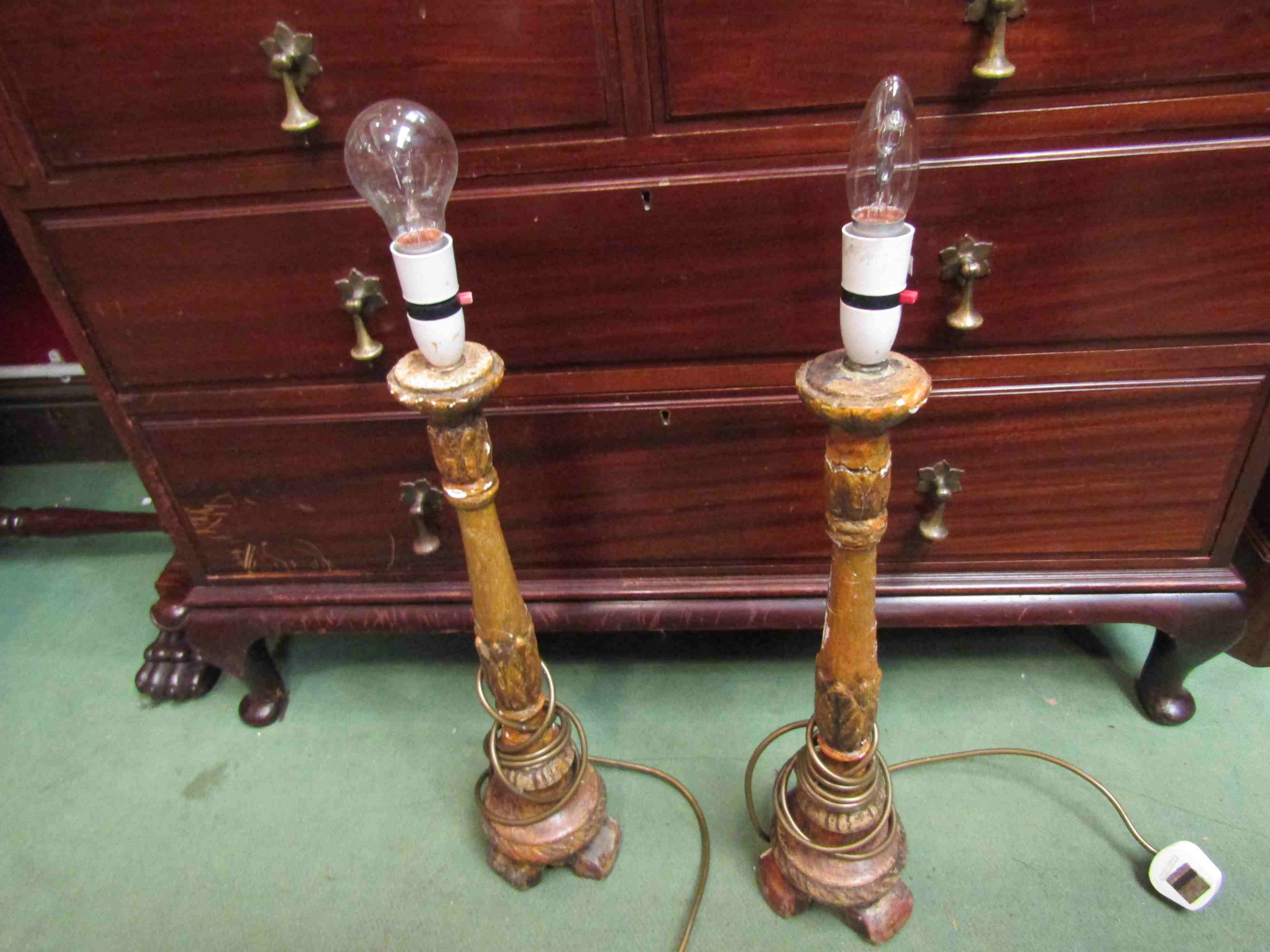 A Circa 1930's pair of painted wooden table lamps,