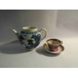 A Caughley teapot (no lid) and an early 19th Century cup and saucer