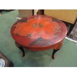 A Chinoiserie lacquered circular top occasional table on outswept cabriole legs,